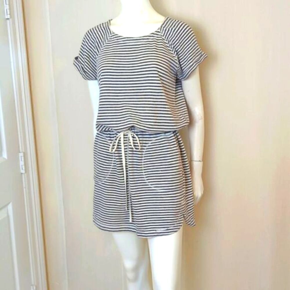 Max Studio Dress Casual Blue and White Stripe with Drawstring Waist Size Medium